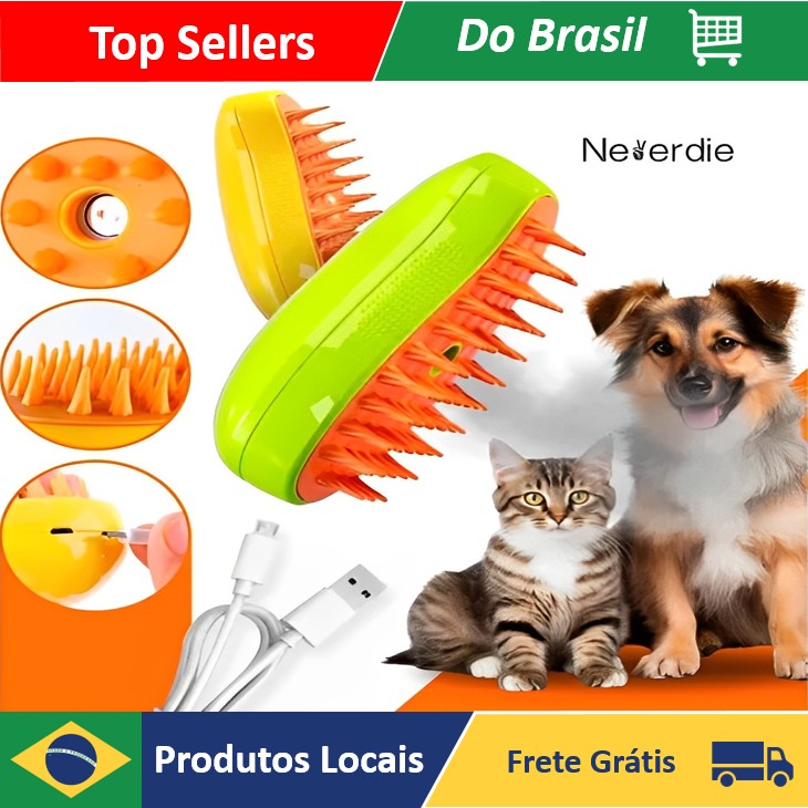 Escova a Vapor 3 em 1 para Gatos | Massagem + Remove Pelos + Penteia