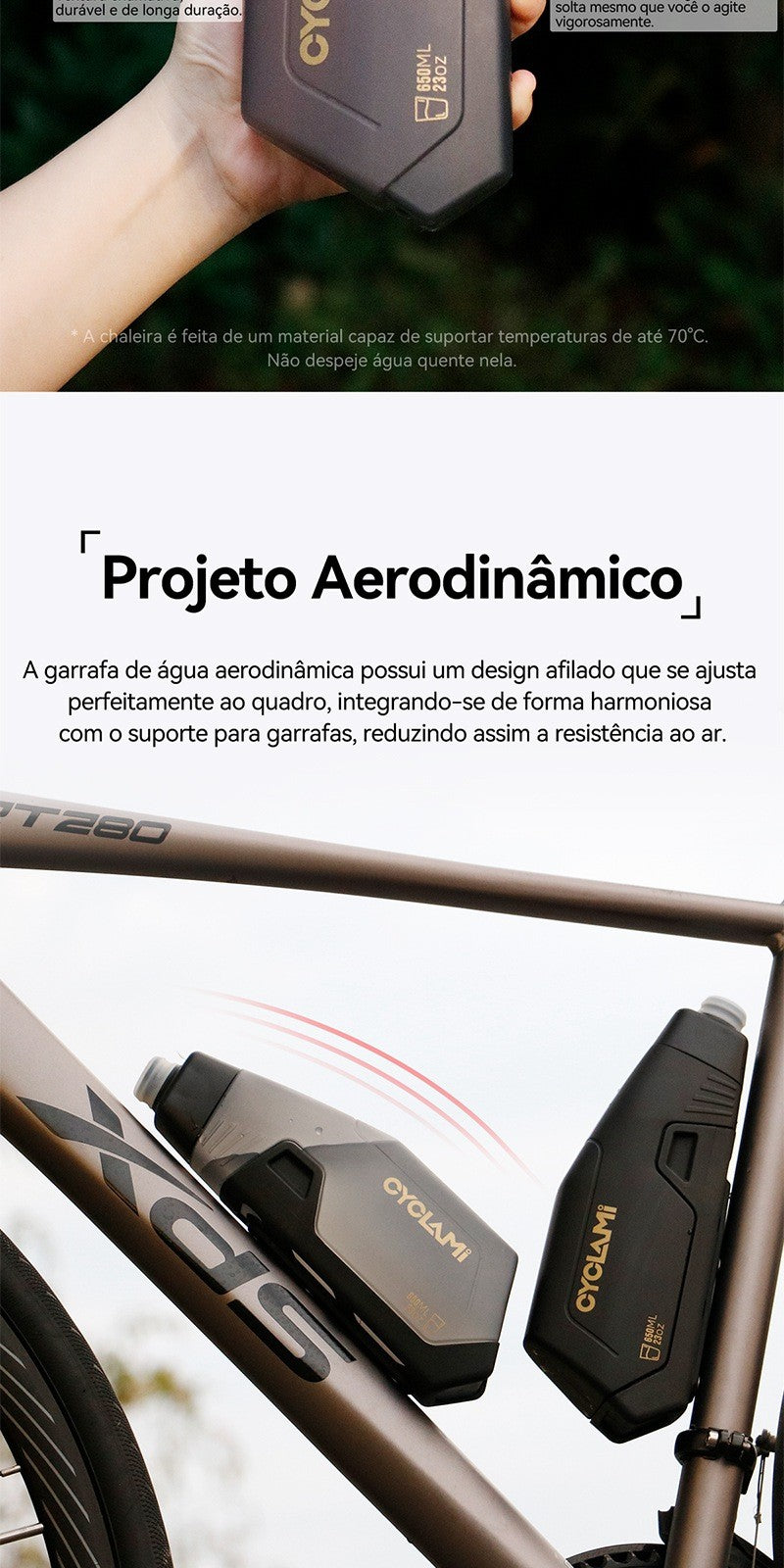 Conjunto de Suporte Aerodinâmico para Garrafa de Bicicleta CYCLAMI 650ml, Garraf