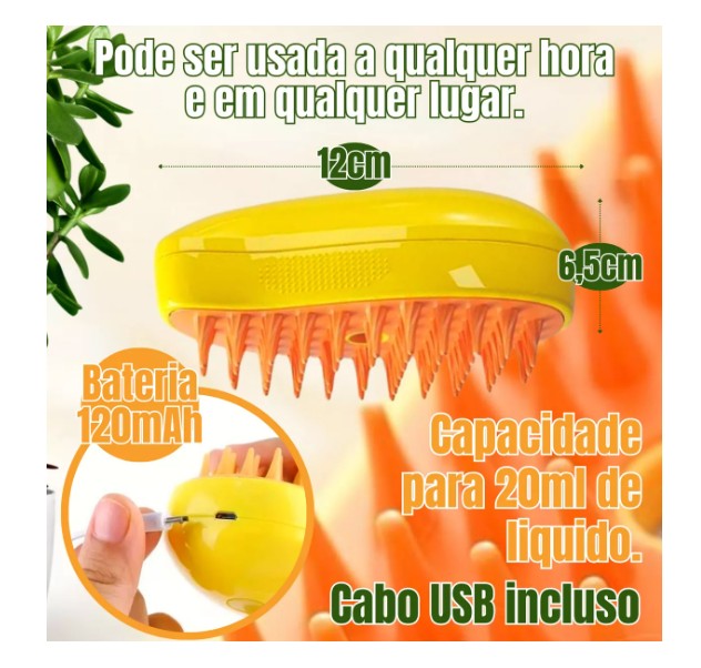 Escova a Vapor 3 em 1 para Gatos | Massagem + Remove Pelos + Penteia